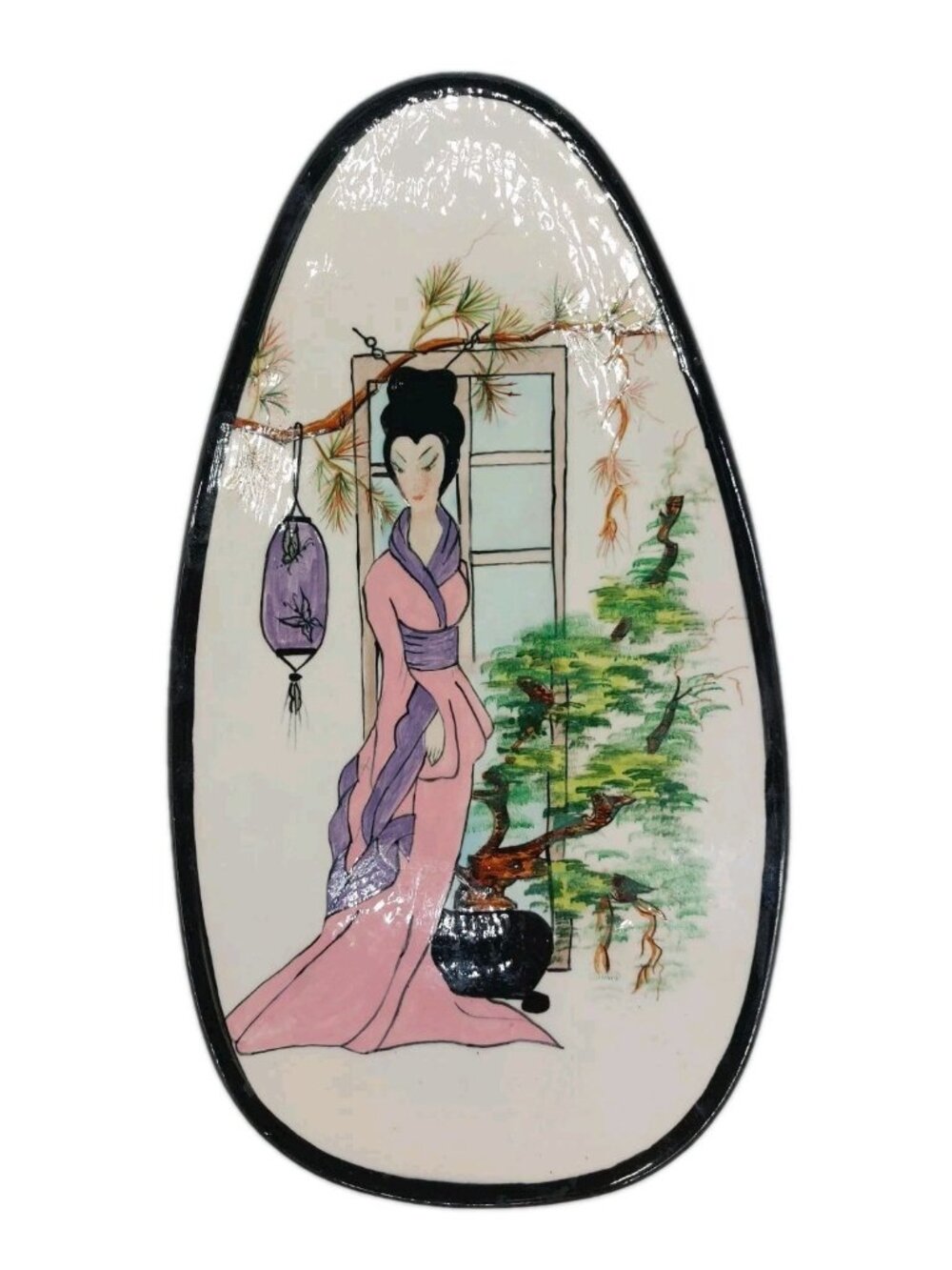 Chinese Geisha Girl Oblong Porcelain Plate Trinket Dish 13x8